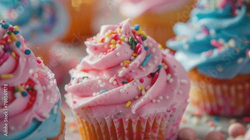 Close-up of cupcakes with pink frosting and colorful sprinkles  perfect for bakery or celebration concepts