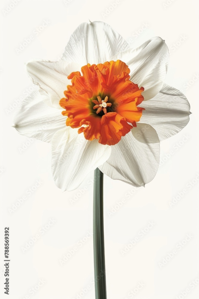 A single white and orange flower on a white background. Perfect for floral designs and nature concepts