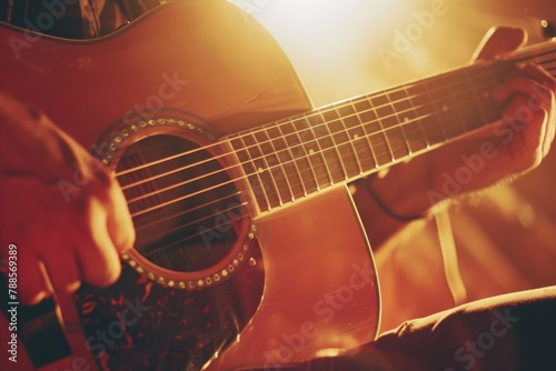 Close up of a person playing a guitar, suitable for music industry promotion