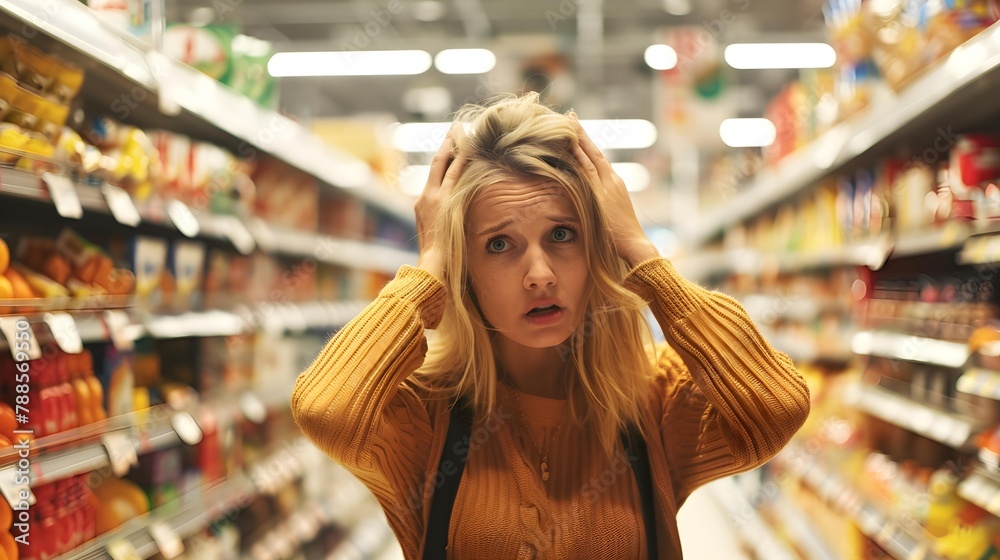 Distraught woman feeling concerned about food prices while buying in supermarket