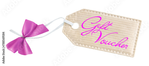 Label and Gift Voucher with pink ribbon isolated on transparent background PNG cut out