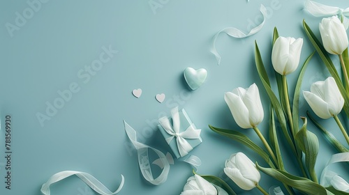 A charming composition featuring white tulips hearts and a gift box set against a light blue backdrop This template serves as a delightful Valentine s Day banner or a sweet Mother s Day car photo