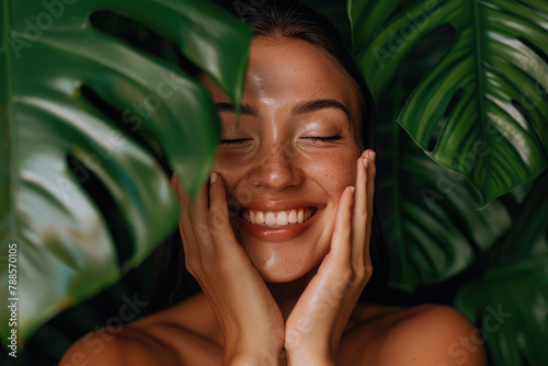 A woman with her hands on the sides of her face smiling, touching monstera leaves to her skin, on a dark green background, a commercial shoot for a skincare brand © Kien