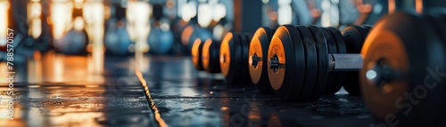 Background of equipment inside a fitness gym with many dumbbells placed on the floor