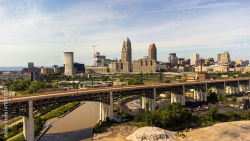 Downtown Cleveland skyline river and bridge in the foreground