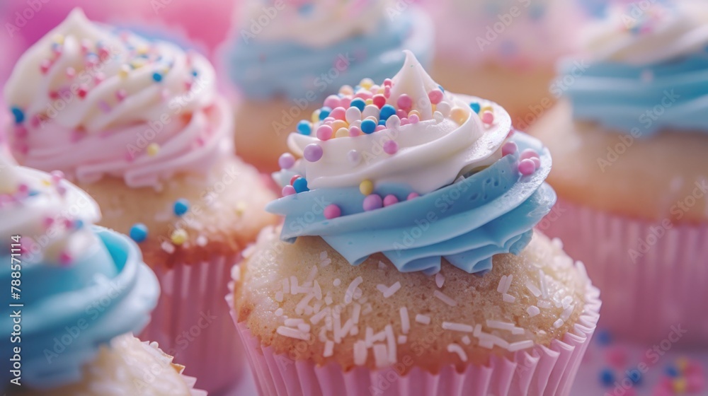 Close-up image of delicious cupcakes with frosting and sprinkles. Perfect for bakery or dessert related projects Close-up image of delicious cupcakes with frosting and sprinkles. Perfect for bakery or dessert related projects