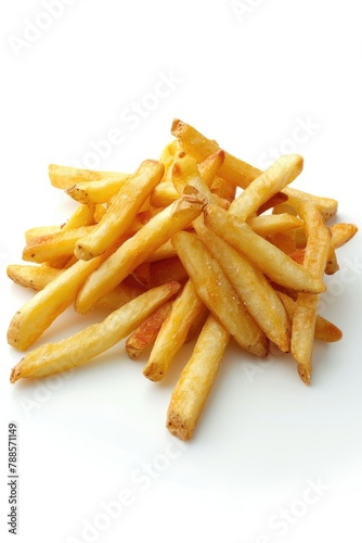 A pile of french fries on a white surface, perfect for food blogs or restaurant menus