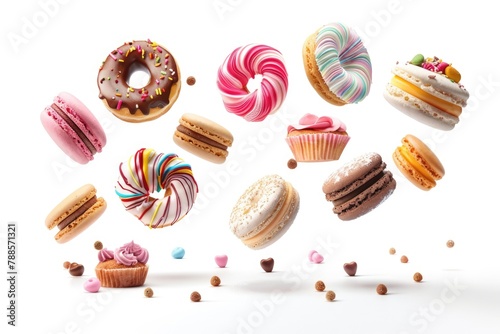 Assorted donuts flying in the air, perfect for bakery or food concept