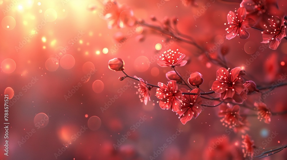 Dazzling red blossoms, bokeh lights, romantic atmosphere