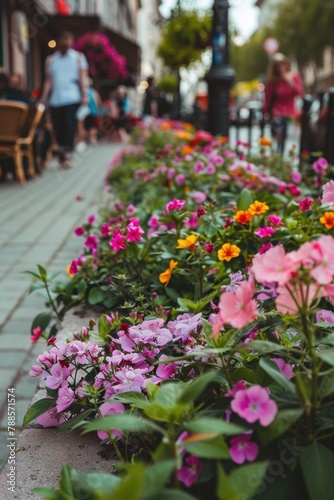 A row of flowers lining a sidewalk next to a lamp post. Perfect for urban and nature themes