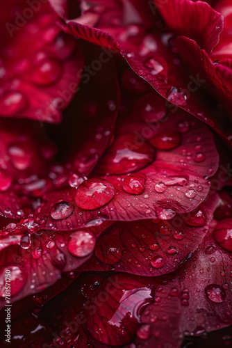Crimson Rose Petals with Glistening Dew Drops Close-up