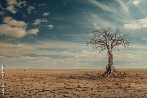 Barren landscape with a single wilted tree, climate change anxiety, desolation