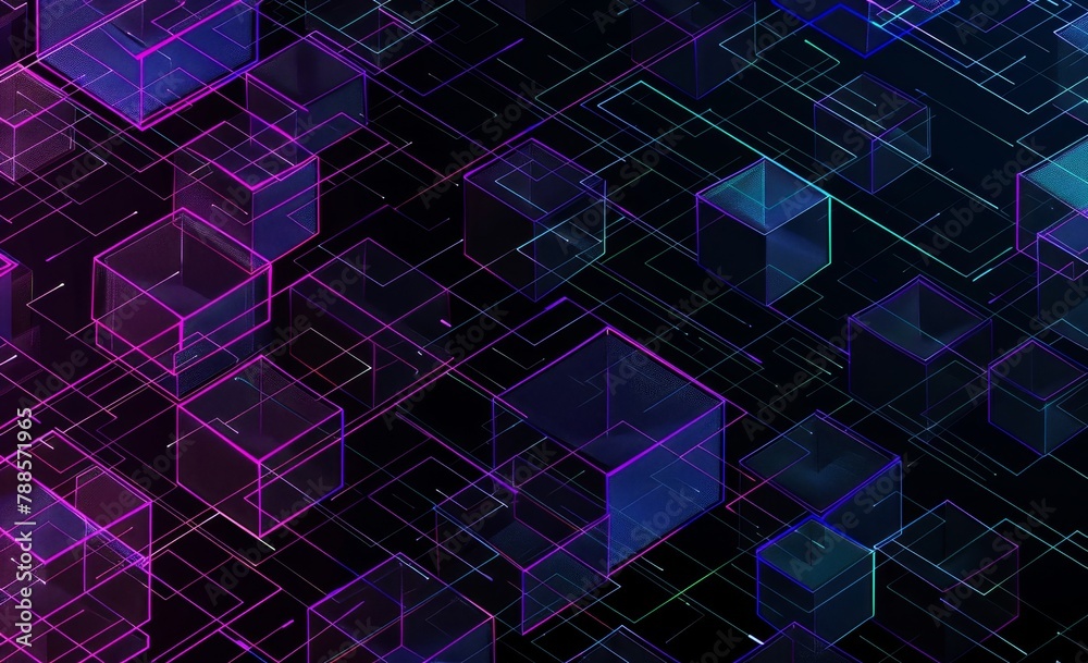 background with purple and blue lines on a dark black background, isometric cubes in the style of cyber tech pattern Generative AI background with purple and blue lines on a dark black background, isometric cubes in the style of cyber tech pattern Generative AI