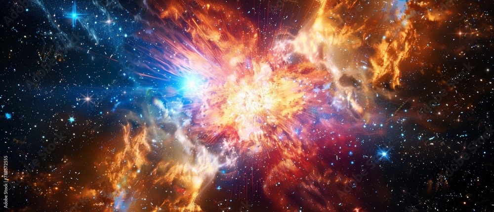 A spectacular stellar explosion shines brightly, casting a cosmic glow across the distant galaxy's expanse. A spectacular stellar explosion shines brightly, casting a cosmic glow across the distant galaxy's expanse.
