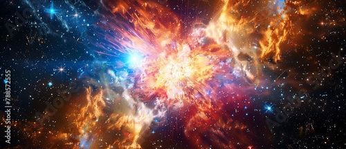 A spectacular stellar explosion shines brightly, casting a cosmic glow across the distant galaxy's expanse.