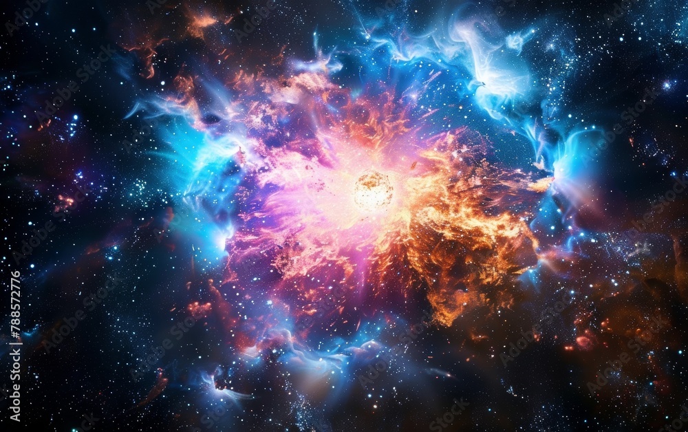 A mesmerizing cosmic explosion of vibrant colors and bursts of energy, illuminating the vast cosmic canvas with a spectacular celestial display.
