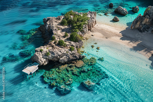 Design an image of a helipad situated on a remote, rocky island in the middle of a turquoise-blue ocean, with white sand beaches and coral reefs visible beneath the clear water