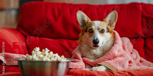 A snug Corgi wrapped in a pink towel lounges with popcorn, ready for a movie