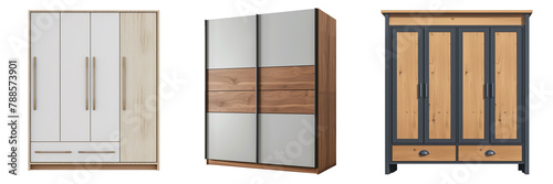 Set of wardrobe isolated on a white or transparent background. Close-up of a white and black wardrobes  front and side view. Graphic design element on the theme of furniture.