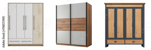 Set of wardrobe isolated on a white or transparent background. Close-up of a white and black wardrobes, front and side view. Graphic design element on the theme of furniture. photo