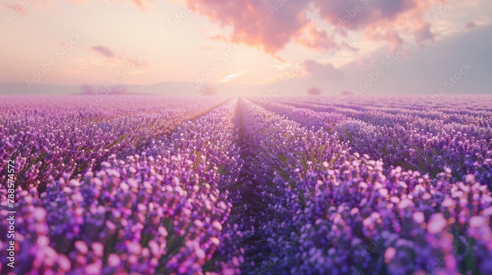 A picturesque field of purple flowers with a beautiful sunset in the background. Perfect for nature and landscape themes