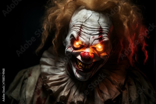 Petrifying Scary clown glowing. Sharp film. Generate Ai