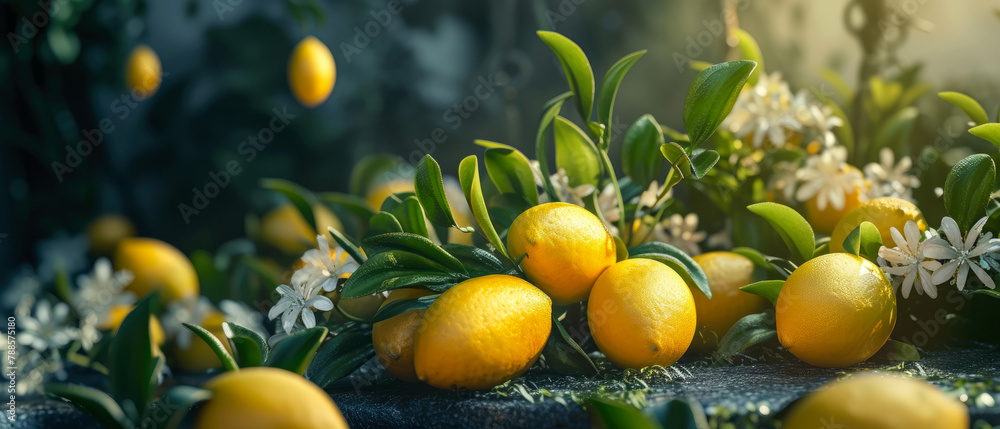 Close up of juicy lemon with green leaf. Citrus Fruits. Minimal mockup, banner for ads. Generative ai