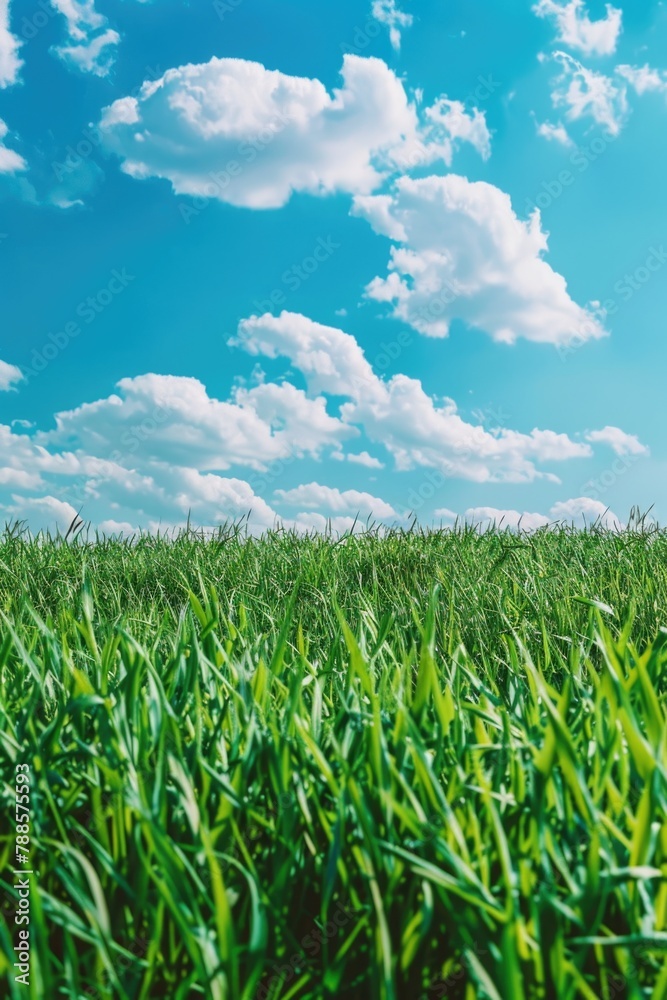 A beautiful green grass field with a clear blue sky background. Perfect for outdoor and nature-themed designs