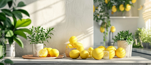 Minimal kitchen interior mockup with lemons and fruits composition. Still life. Generative ai