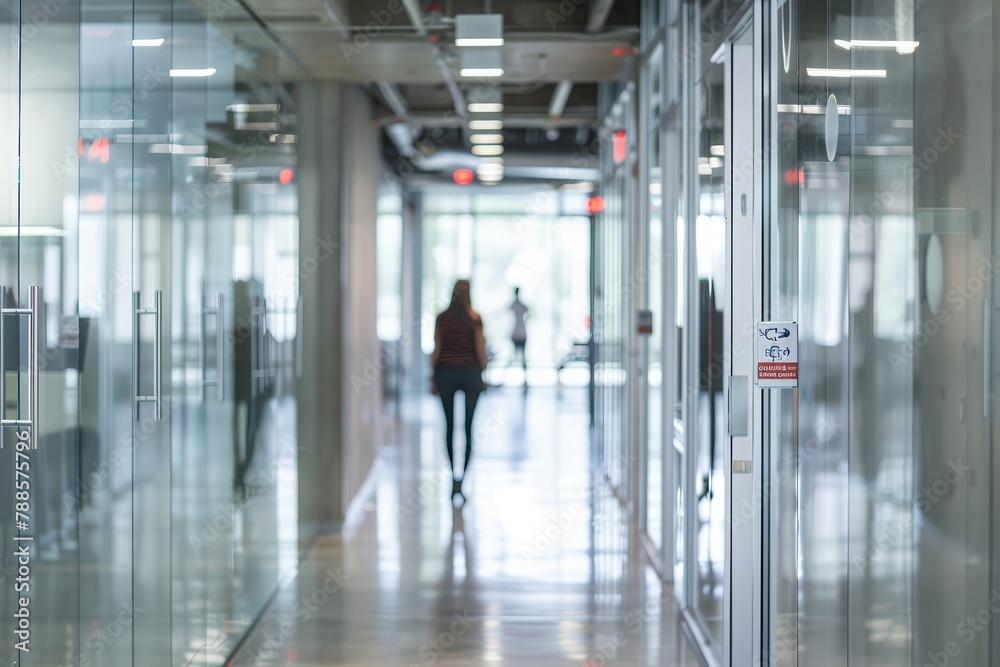 Clear wayfinding signage and designated zones for different activities streamline navigation in the office space. Clear wayfinding signage and designated zones for different activities streamline navigation in the office space.
