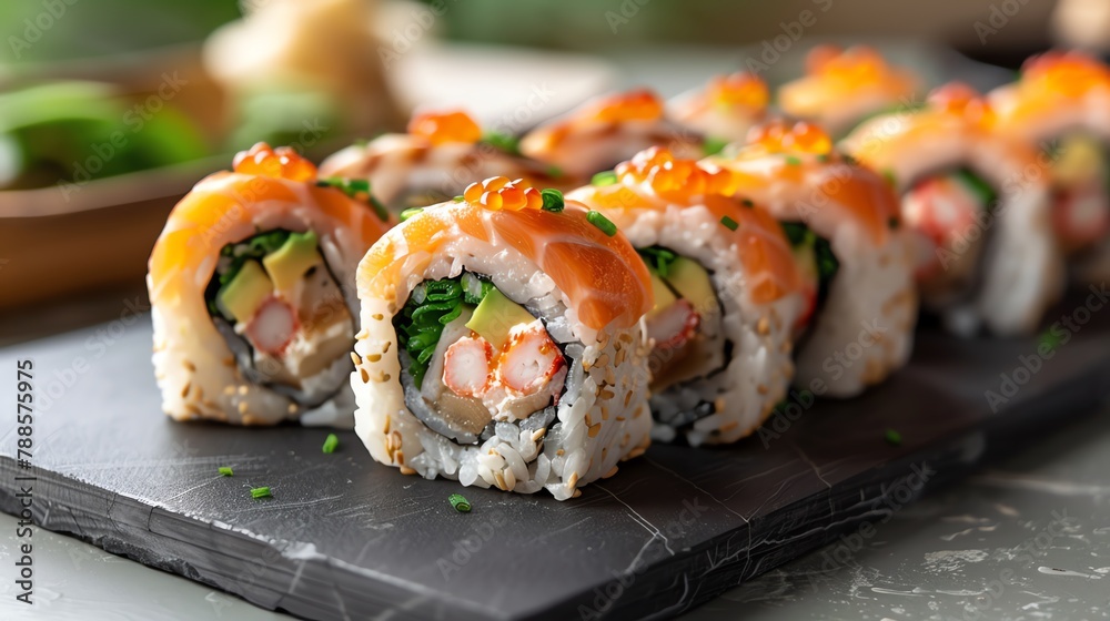 gourmet sushi arrangement on a sleek, black slate, portrayed with documentary realism gourmet sushi arrangement on a sleek, black slate, portrayed with documentary realism