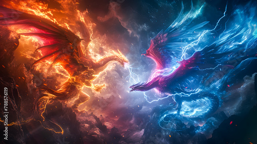 3d illustration Dragon War, epic battle between fire dragon and lightning dragon. concept art, 3D rendering 