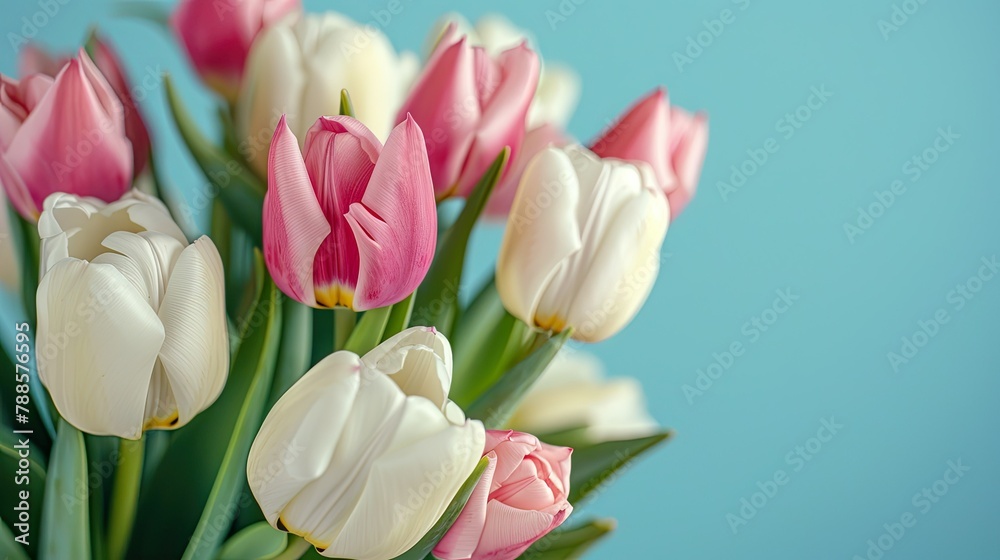 Fototapeta premium Capture the essence of Mother s Day with a top down shot of a beautiful bouquet featuring white and pink tulips set against a soft pastel blue backdrop creating a serene and elegant arrange
