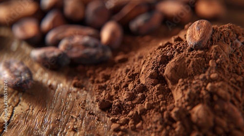 A pile of cocoa beans on a rustic wooden table. Suitable for food and agriculture concepts