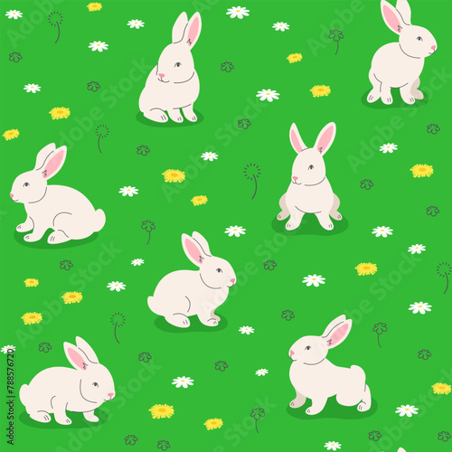 Cute smiling little bunnies playing in green meadow. Seamless background pattern. Hand drawn cartoon baby rabbits in different poses having fun in green grass