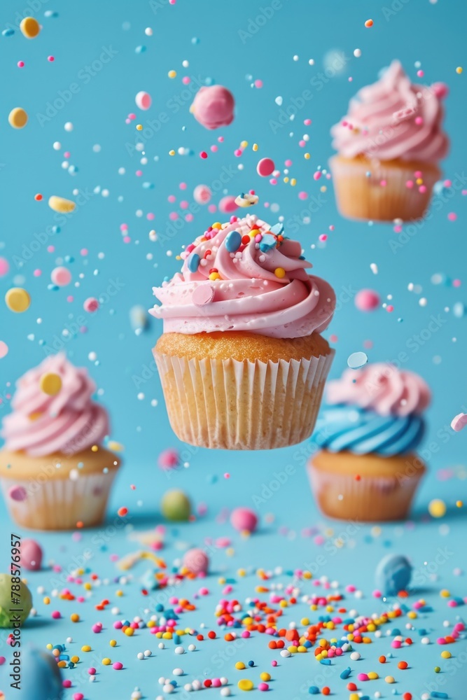 Delicious cupcakes with pink frosting and colorful sprinkles, perfect for bakery or dessert concepts Delicious cupcakes with pink frosting and colorful sprinkles, perfect for bakery or dessert concepts