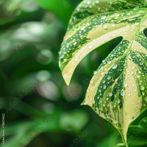 Close-up of a variegated green leaf with water droplets, indicating recent rain or dew in a lush, natural environment. photo