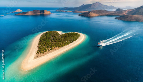 view from the sky of a small desert island with a heart shape  and a small ship approaching it