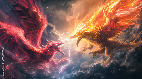 3d illustration Dragon War, epic battle between fire dragon and lightning dragon. concept art, 3D rendering 