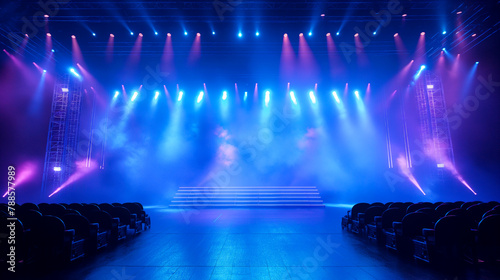 Scene, stage light with colored spotlights and smoke