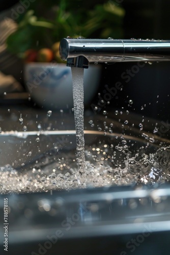 Water running from faucet in kitchen sink. Suitable for home improvement and plumbing concepts