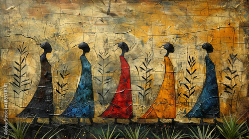 Africa, tradition and tribal cave painting with art of people on rock for culture or heritage. Creative, history and stone with picture of indigenous tribe for archeology or primitive civilization