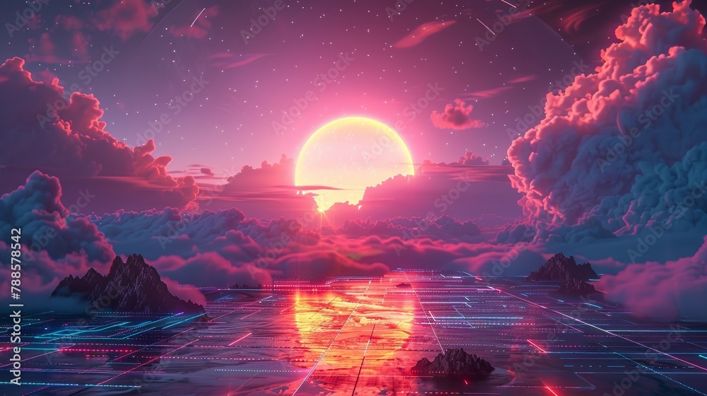 Obraz premium 80s neon grid landscape, cyber world adventure