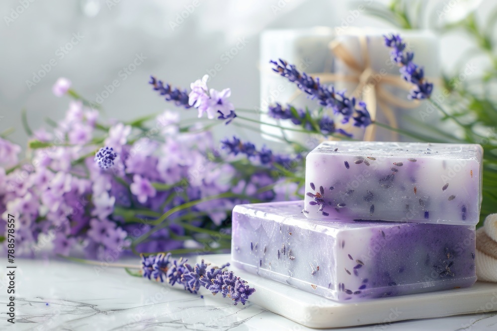 Two soap bars displayed on a table, suitable for hygiene and cleanliness concepts Two soap bars displayed on a table, suitable for hygiene and cleanliness concepts