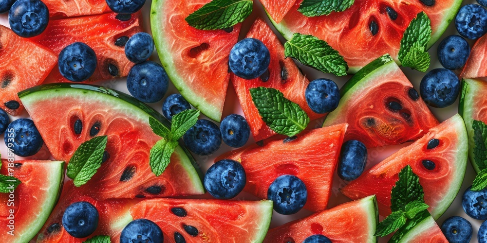 Juicy watermelon slices topped with fresh blueberries and mint leaves. Perfect for summer refreshments