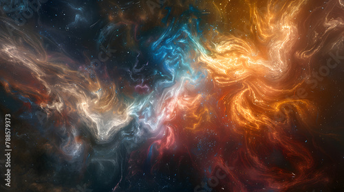 An Abstract Interpretation Of The Birth Of Stars, Where Cosmic Dust Coalesces Into Swirling Nebulae, Giving Rise To The Fiery Brilliance Of Celestial Bodies photo