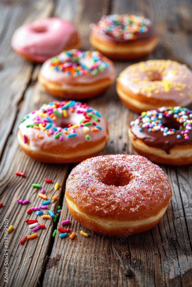Delicious doughnuts with colorful sprinkles on a wooden table, perfect for bakery or dessert concepts Delicious doughnuts with colorful sprinkles on a wooden table, perfect for bakery or dessert concepts