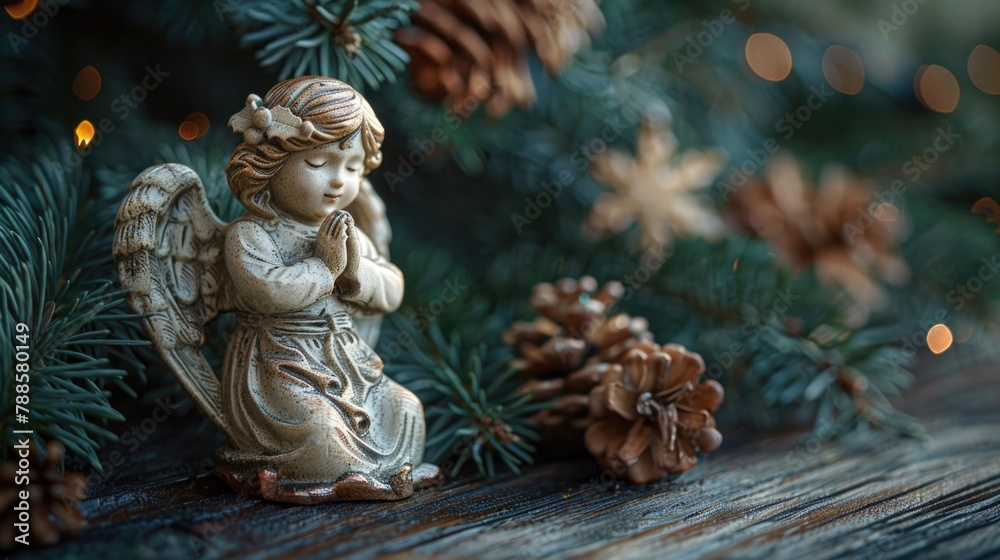 Fototapeta premium An angel statue sitting next to pine cones. Suitable for religious or nature-themed designs