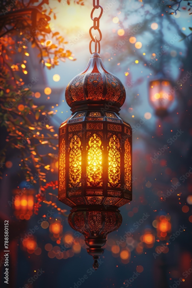 Decorative Arabic lantern with burning candle, glowing in the night. Festive card, invitation to the holy holiday for Muslims Eid al adha