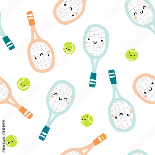 Cute tennis rackets and balls. Seamless pattern. White background. 